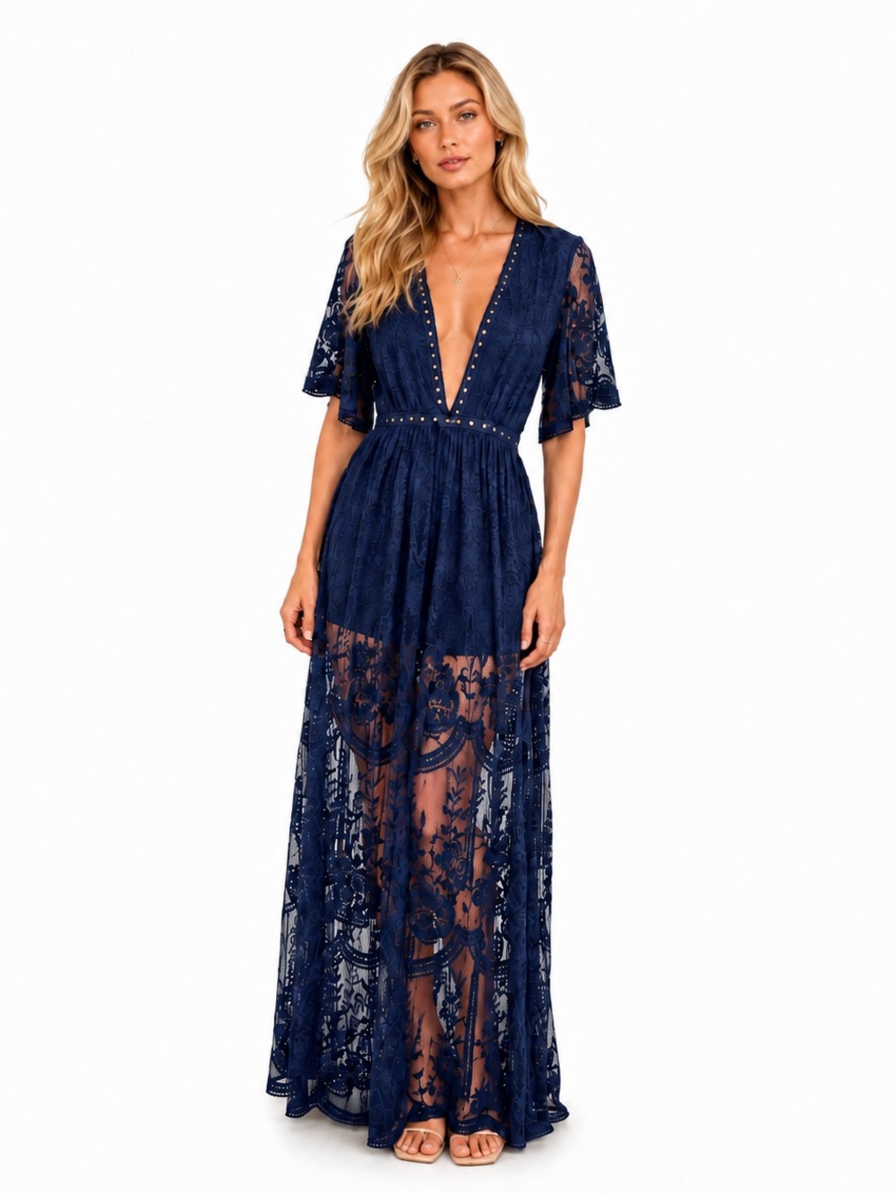 Honey Punch S Navy Embroidered Lace Maxi Romper Dress Deep V Boho Goth Festival